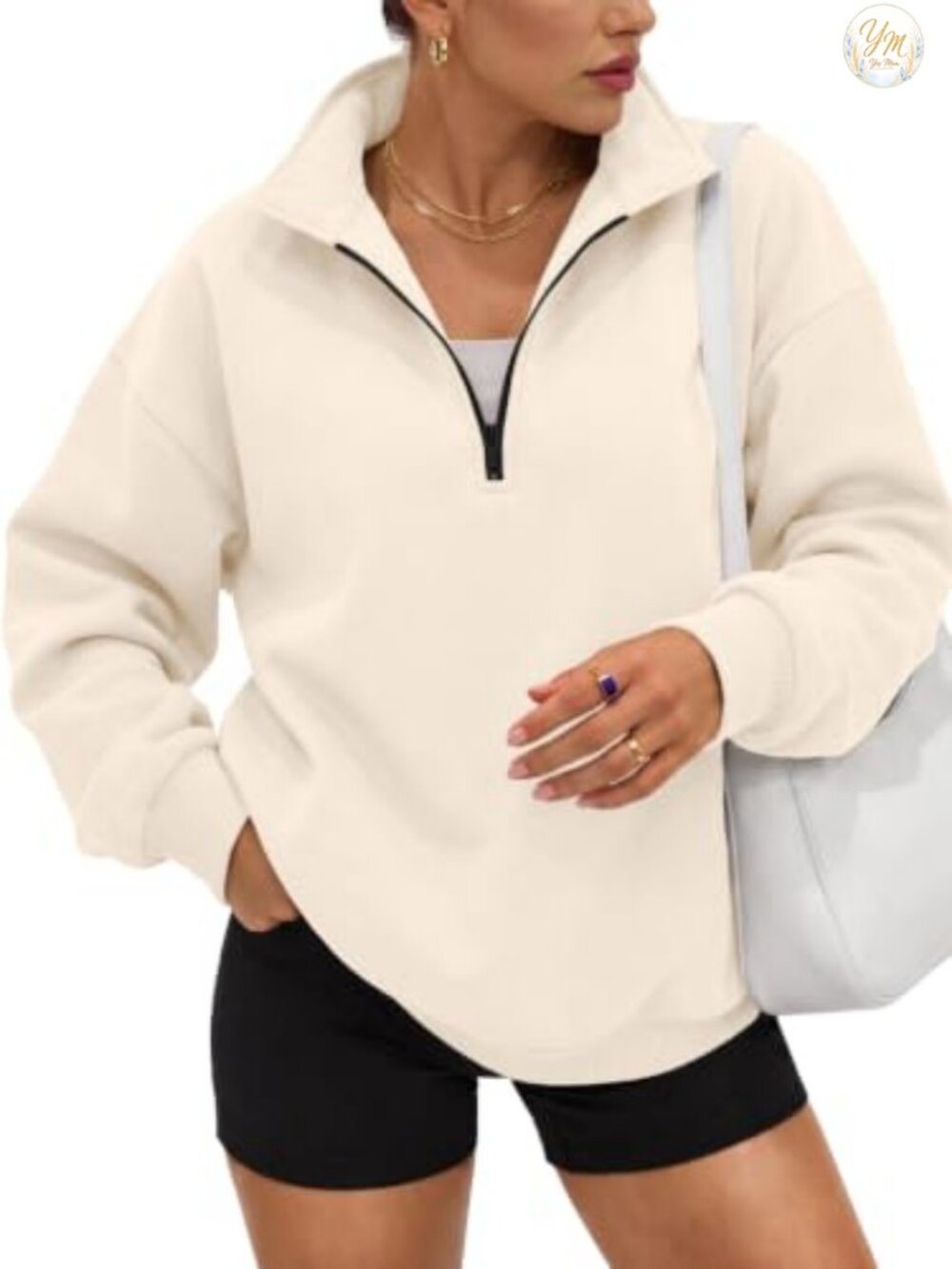 Oversized Half Zip Fleece Sweatshirt Mock Neck Pullover Cotton Blend